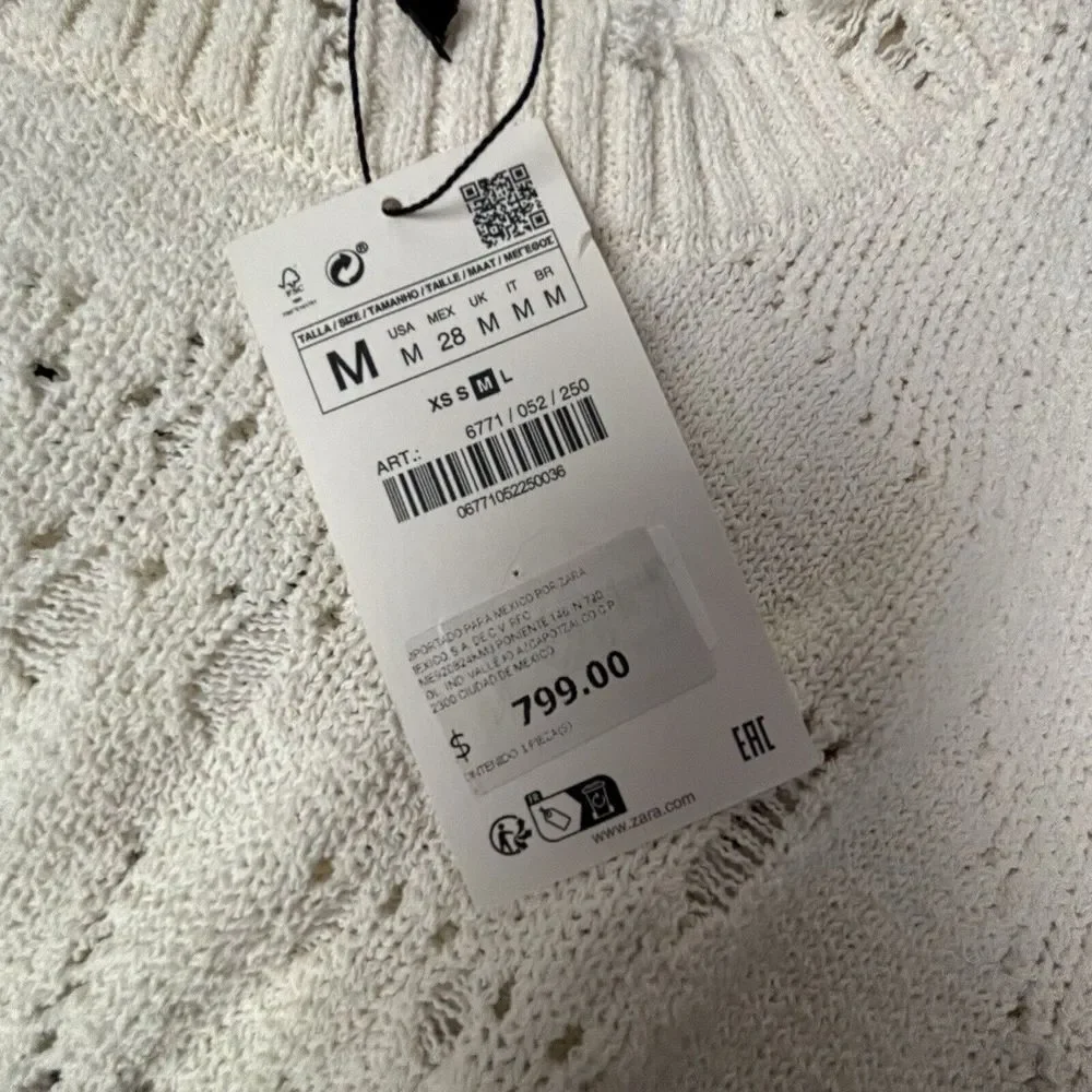 Zara Ripped Open Knit Sweater‎ Cream Womens Medium Crochet Distressed Spain NWT - Picture 4 of 12